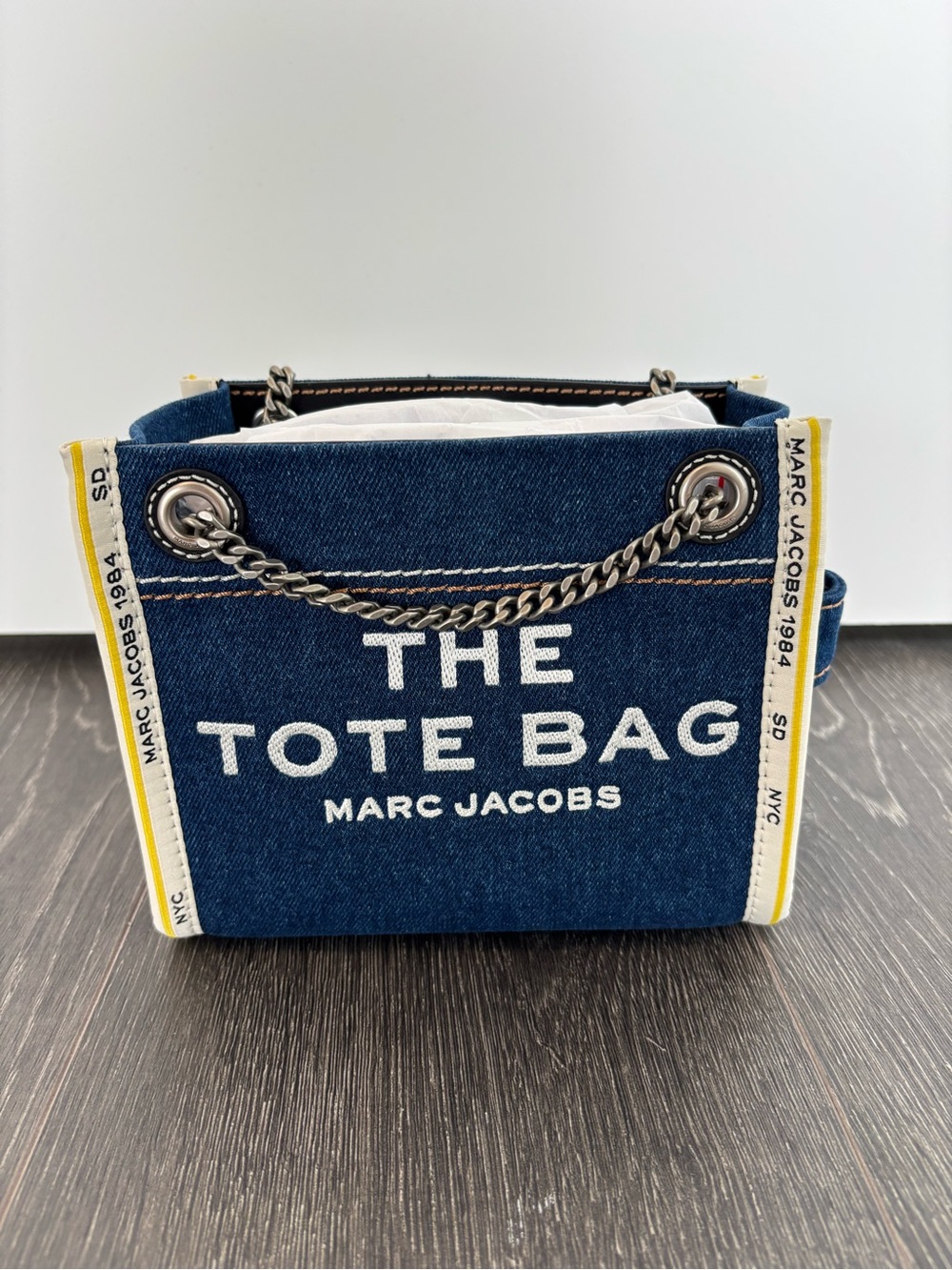 Marc Jacobs Blue Denim Mini Tote with Yellow Trim and Silver Chain Handles